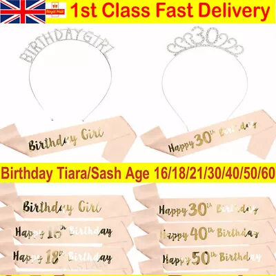 Birthday Silver Rhinestone Tiara Crown Rose Gold Sash 18/21st/30/40th Party UK • £4.79