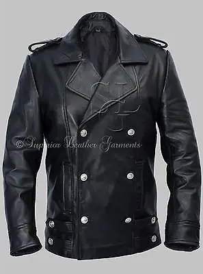 Men's German Naval Military Pea Coat Analine Black Cowhide Real Leather Jacket • $109.75