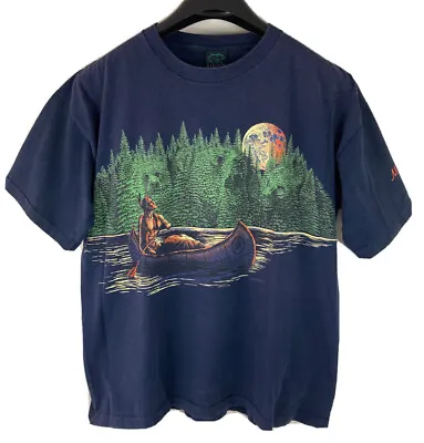 VTG Habitat Moosehead Lake ME Single Stitch T-Shirt Navy Blue Native American XL • $33.99