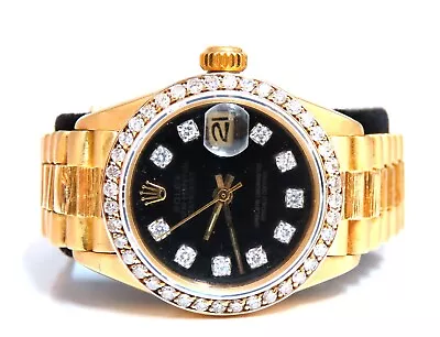 Rolex Vintage Black Face DateJust Ladies 18kt Watch Diamond Dial Superlative • $9500