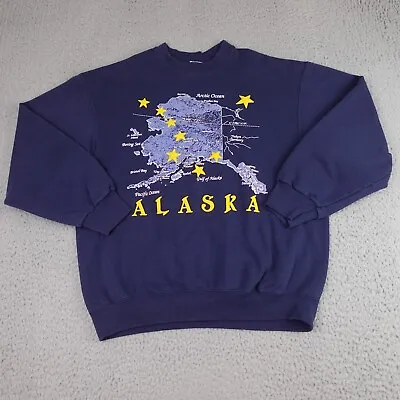 Vintage Alaska Map Print Sweatshirt Mens Large Blue Crewneck Fruit Of The Loom • $23.96