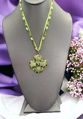 ￼ Vintage Maltese Cross Green Rhinestone Two Strand Pendant Necklace Glass 18” • $29.99