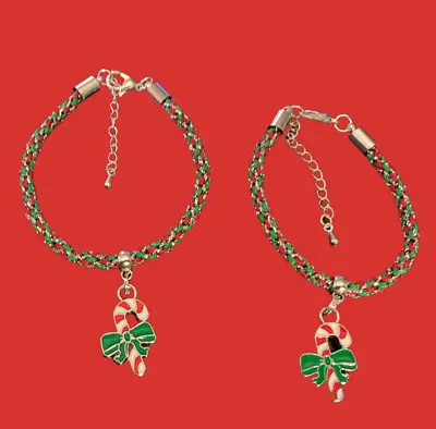 Xmas Dainty Red Green & Metallic Silver Kumihimo Bracelet. Candy Cane Charm. • £2.25