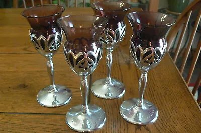 4 Vintage Amethyst Purple Farber Bros Krome Kraft Goblets Stem Glasses • $39.99