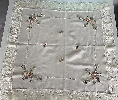 Small Linen Tablecloth With Ribbon Embroidery Natural Calico  & Cream Lace Edge • £7.50