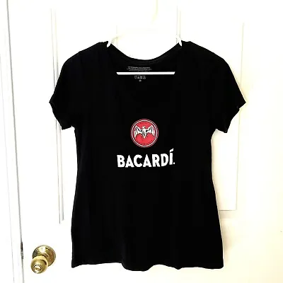 Bacardi Rum Women Black Bat Logo Promo V-Neck T-shirt Medium • £9.02