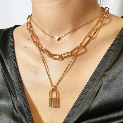 Three Row Goldtone Multi Chains PADLOCK & HEART  Charms Necklace • £2.55