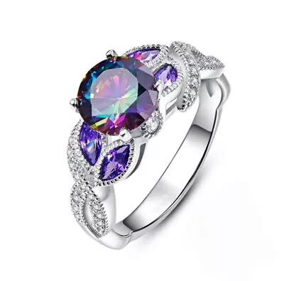 Mystic Topaz Zircon Leaf Ring Sizes N P R U Silver Plated Purple Temperament • £7.90