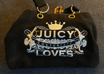 $60 • Buy Vintage Juicy Couture Y2K JUICY LOVES Large Tote Black Velour Shoulder Bag