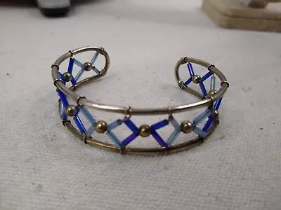 Vintage Silver Tone And Blue-Bead Cuff Bracelet - 2.5  - Blue • $9.90