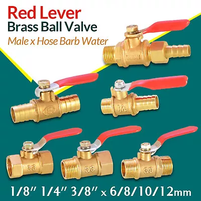 Red Lever Brass Ball Valve | Male X Hose Barb Water / Air Gas Fuel Line Shut-Off • $3.59