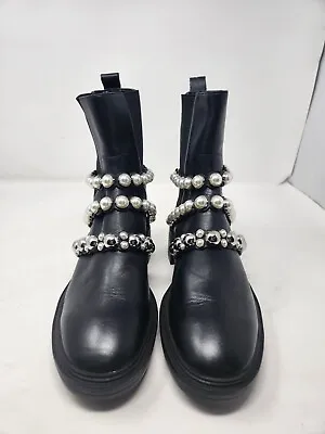 Zara Black Chelsea Boots Pearl And Silver Studded Leather Size EU 36 US 6 NWOB • $99