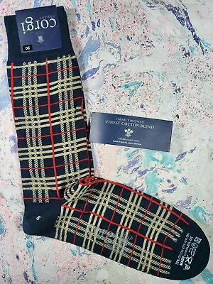Corgi Mens Cotton Mix Socks Scottish Plaid Navy & Cream Size Small Made In Wales • £12.99