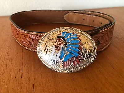 Vtg SSI Native American Chief Turquoise/coral Inlay Buckle & Leather Belt Sz 36 • $27.99