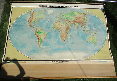 Vintage 1963 Relief Like Map Of The WORLD - HUGE 8'-0  WIDE Pull-Down School Map • $429