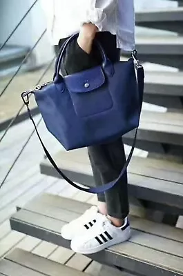 Medium Size Nylon LONG CHAMP Le Pliage Neo Travel Satchel Tote Bag Blue • $99