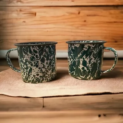 2 Vintage Enamelware Mugs Marbled Green White Splatterware Retro Camping Cups! • $15