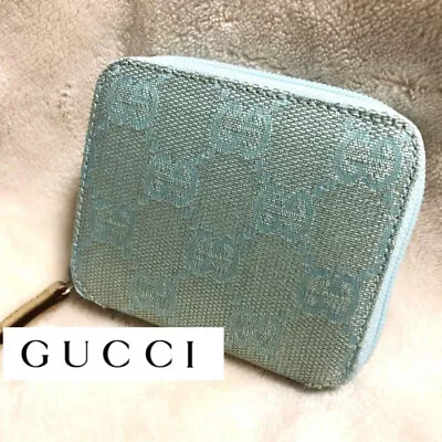 GUCCI Vintage GG Canvas Compact Wallet Coin Purse Light Blue Auth 464 • $101