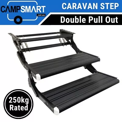 Double Caravan Step Black Pull Out Folding Aluminium Off Road RV Camper Trailer • $249