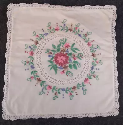 Vintage Embroidered Square Pink Floral Pillow Cover Lace Detail  • $15