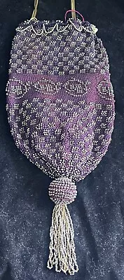 RARE 1900s Antique Crochet FRENCH Steel Beaded Drawstring Purse Purple Silver • $40