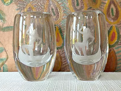 Vintage Swedish MCM Etched Glass Vases With Girl Design - Set Of 2 • $99