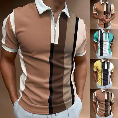Mens Zip Up Striped Polo T Shirt Casual Button Short Sleeve Golf Work Tops Tee • £10.44