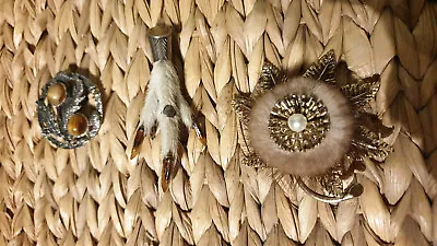 3 Brooches Grouse Foot Thistle / Tiger Eye Mink Fur. Metal Scotish? • £10.99