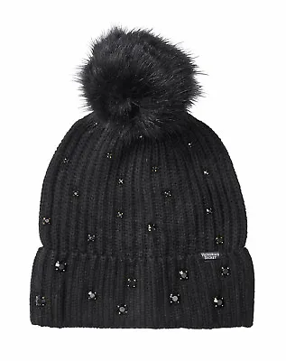 New Victoria's Secret Black Knit Sparkle Gems Pom Pom Beanie Hat Cap Winter Warm • $29.99