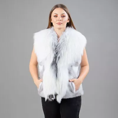 Real Mink And Fox Fur Vest In Gray-White Color Women's With Outer Side Pockets • $700