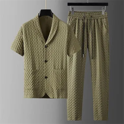 Men Summer Outfit 2-Piece Set Short Sleeve Button Shirt And Pants Sweatsuit Sets • $35.75