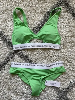 Calvin Klein Green Brazilian Padded Bikini Set Size XS 6 RRP £80 • £44.99