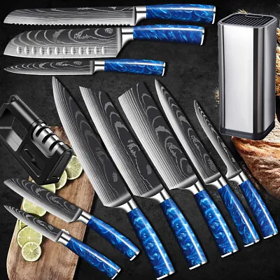 12PC Blue Kitchen Knife Set Japanese Damascus Pattern Chef Knife Block Sharpener • $115