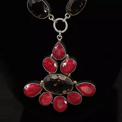 VTG Sterling Silver INDIA Smokey Quartz & Ruby Pendant 20  Heavy Necklace - 82g • $55