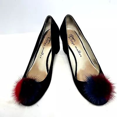 Bettye By Bettye Muller Colette Bis Black Suede Pumps Mink Fur Pompom SZ 8.5M • $74.99