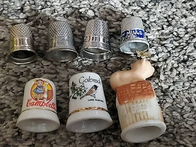 7 Vintage Thimbles Advertising Campbell's Hosiery Mills Metal Ceramic Pig  • $12