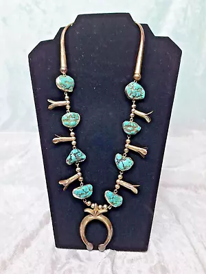 Vintage Navajo Sterling Silver Turquoise Squash Blossom Necklace 94g Unsigned • $790