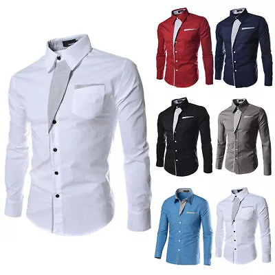 Men's Smart Dress Suit Shirt Formal Business Long Sleeve V-Neck Buttons Shirts • £14.99