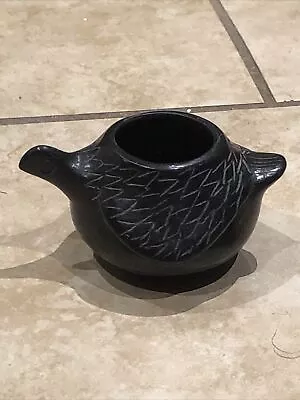 Small Black On Black Pottery Chicken Effigy Vase Pot Signed Folkart 4 X 3 X 2 • $40