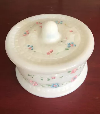 Vintage Milk Glass Powder Jar Trinket Box Painted Flowers • $24