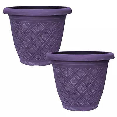 Set Of 2 Round 33cm Garden Plant Pot Woven Purple Flower Outdoor Deco Planter • £13.95