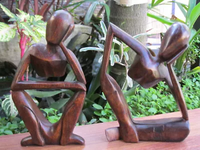 Abstract Yoga Thinking Statues X 2pcs - Hand Crafted Wood Carving • $39.50