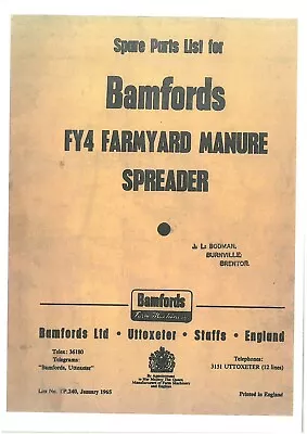 Bamfords FY4 Farmyard Manure Spreader Parts Manual • £12.99