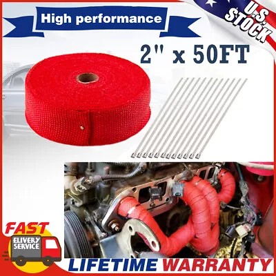 2  X 50FT Exhaust Header Fiberglass Heat Wrap Tape Red W/ 10 Ties For Motorcycle • $16.75