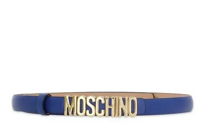 Moschino Logo Lettering Leather Belt Women's Xs 38 Blue Name Thin Gold Skinny • $129.99