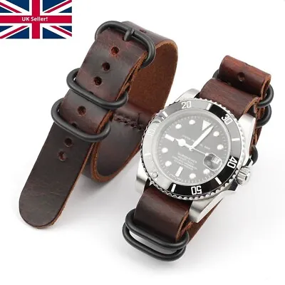 Brown Genuine Leather NATO ZULU Watch Strap Band 5 Rings Steel Buckle 18 20 22mm • £14.99