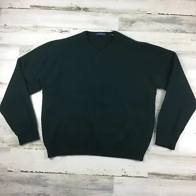John Ashford Mens Sweater Large Pure Wool Green Vneck Classic Preppy Casual • $9.99