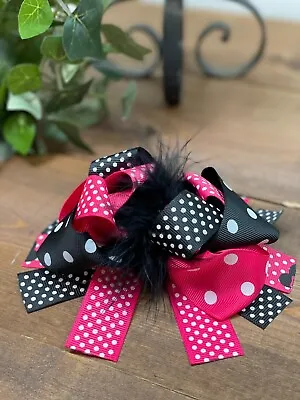 Girls Hair Bow 5  Wide Minnie Mouse Ribbon Polka Minnie Feather Alligator Clip • $10