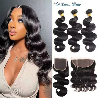 10A Human Hair Body Wave Bundles With Closure 13×4 Frontal Remy Virgin Hair • $285.43