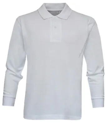 Long Sleeve Polo Shirt Plain 2 Button Collared Top Pique Cotton Mix Casual Wear • £10.95